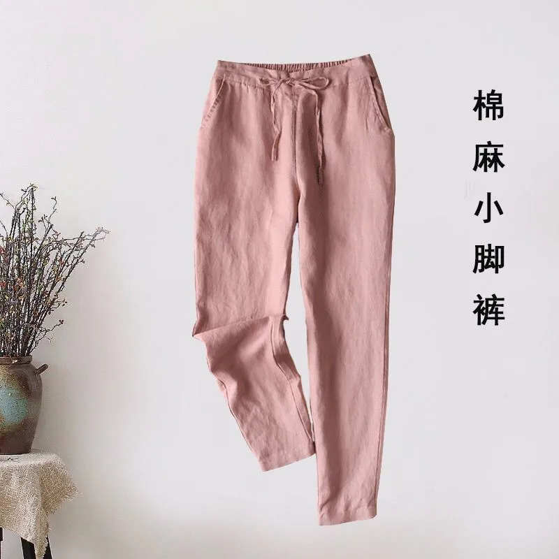 Women Cotton Blend Wide Leg Pants Korean Loose Slim Look All-Matching Casual Slim-Fit Pants