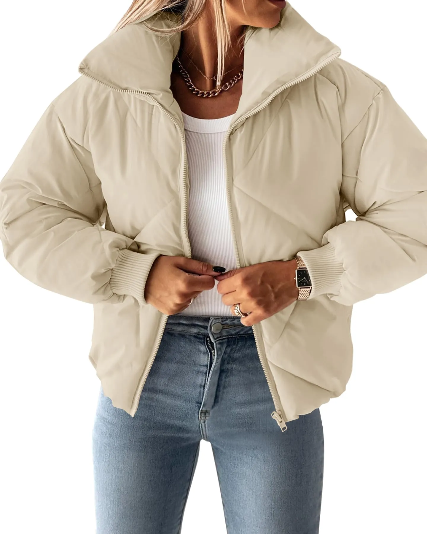 ZESICA Long Sleeve Zip Up Quilted Cropped Puffer Jacket