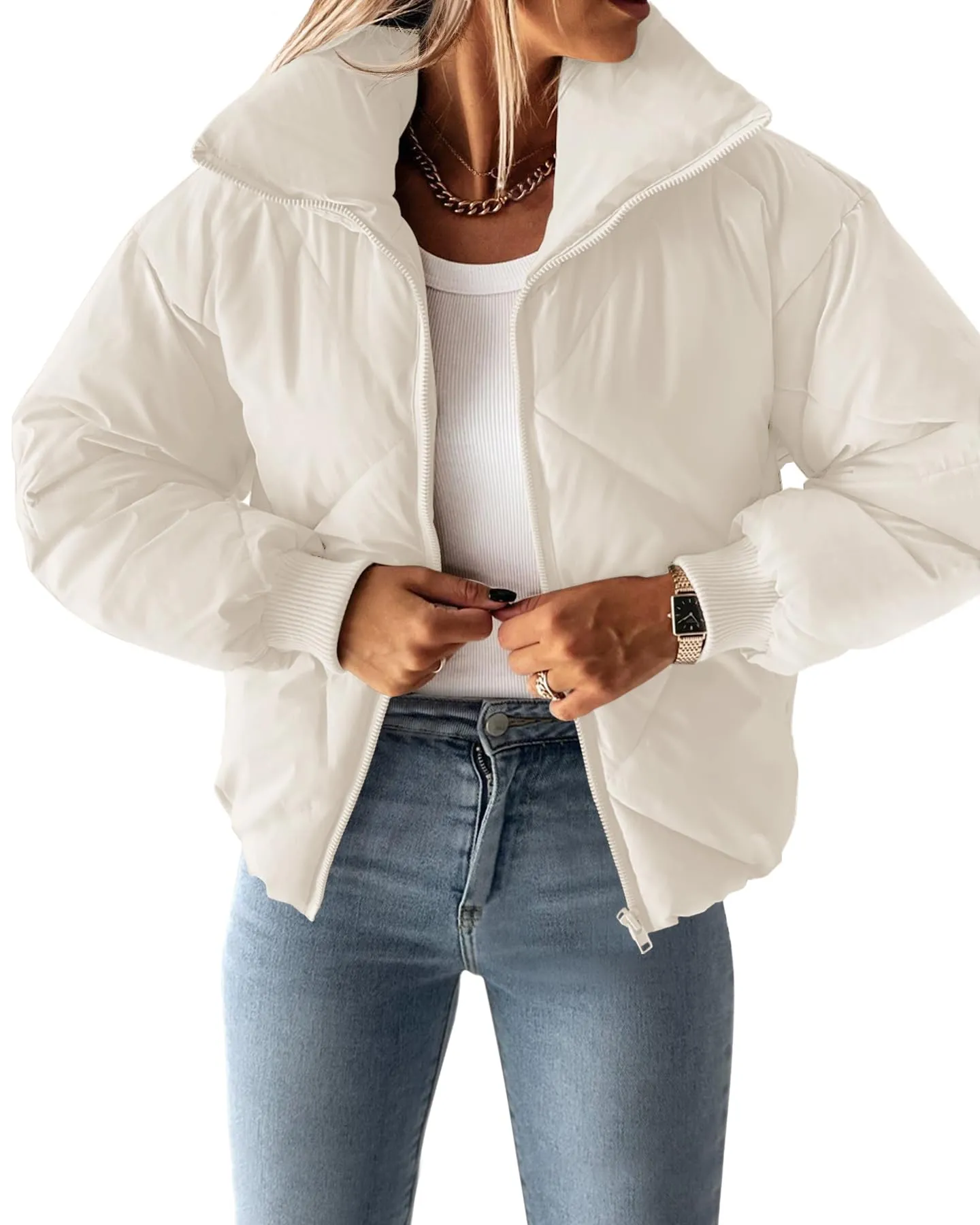 ZESICA Long Sleeve Zip Up Quilted Cropped Puffer Jacket